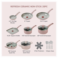 egg pan, 2 frypans, griddle, 2 saucepans, sauté pan, dutch oven, 3 pan protectors, 5 tools