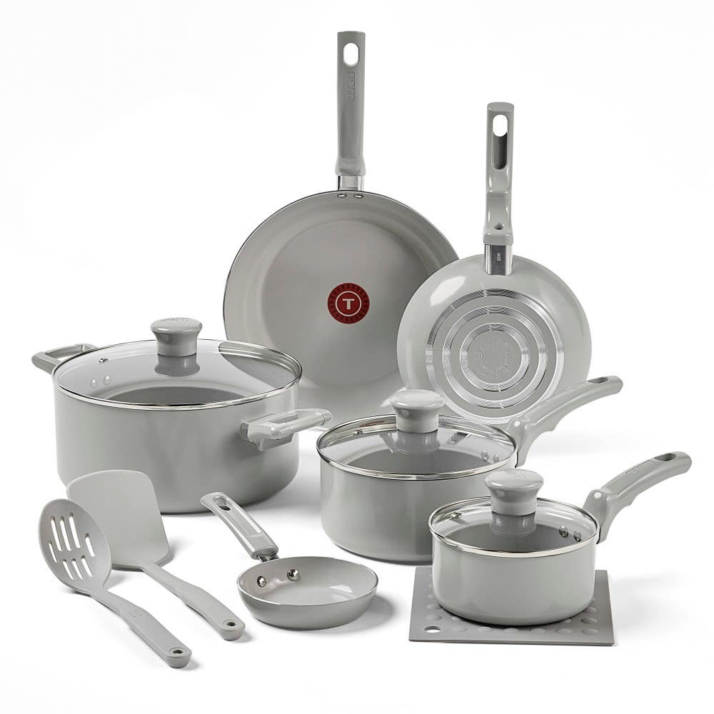 T-fal Refresh Ceramic Non-Stick, 12 Piece Pots and Pans Cookware Set, Moon Grey
