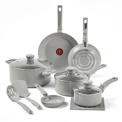 T-fal Refresh Ceramic Non-Stick, 12 Piece Pots and Pans Cookware Set, Moon Grey