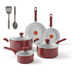 T-fal Red cookware set with two frypans, stockpot, saucepan and cooking utensils
