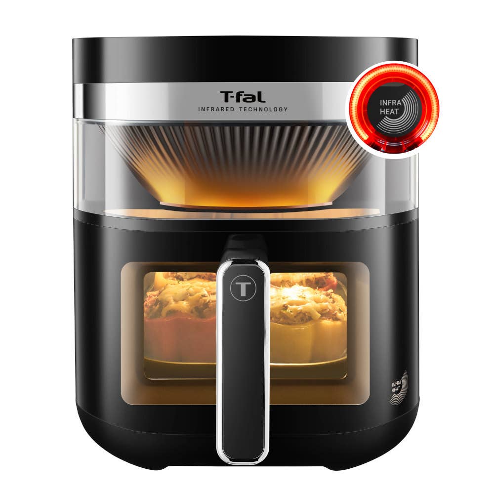 Infrared Air fryer Dual Window with a sleek black design, illuminated cooking basket.