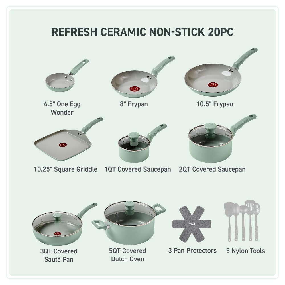 egg pan, 2 frypans, griddle, 2 saucepans, sauté pan, dutch oven, 3 pan protectors, 5 tools