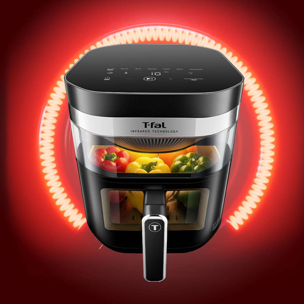 Infrared technology heats food 2x faster than traditional Air fryer. Displayed is an appliance featuring advanced infrared heating and more efficient cooking.