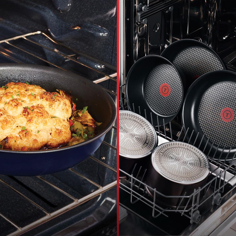 Left: blue pan with baked dish in oven; Right: black cookware drying in dishwasher