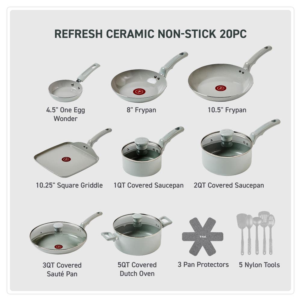 egg pan, 2 frypans, griddle, 2 saucepans, sauté pan, dutch oven, 3 pan protectors, 5 tools