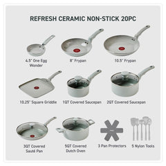egg pan, 2 frypans, griddle, 2 saucepans, sauté pan, dutch oven, 3 pan protectors, 5 tools
