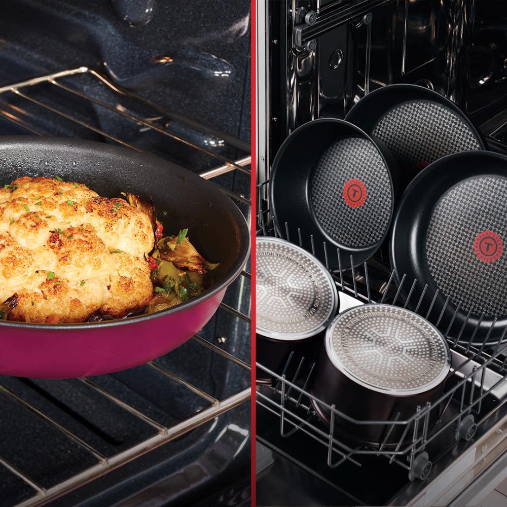 Left: pink pan with baked dish in oven; Right: black cookware drying in dishwasher