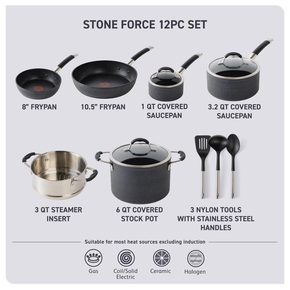The Stone Force 12-piece set contains: 8" Frypan, 10.5" Frypan, 1-quart Covered Saucepan, 3.2-quart Covered Saucepan, 3-quart Steamer Insert, 6-quart Covered Stockpot, 3 Nylon Tools with Stainless Steel Handles.