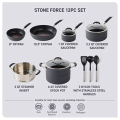 The Stone Force 12-piece set contains: 8" Frypan, 10.5" Frypan, 1-quart Covered Saucepan, 3.2-quart Covered Saucepan, 3-quart Steamer Insert, 6-quart Covered Stockpot, 3 Nylon Tools with Stainless Steel Handles.