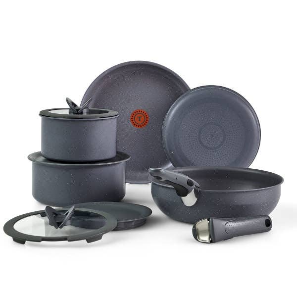 T-fal Ingenio Essentials NonStick, 11 Piece Cookware Set, Non- Induction base, Grey Granite