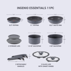 8.5, 11 in Frypans; 10.5 in sauté pan; 1.5, 3 qt saucepans; 4 lids; 2 detachable handles