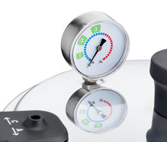 Close-up of a pressure cooker lid with a pressure gauge displaying three levels, surrounded by color-coded zone
