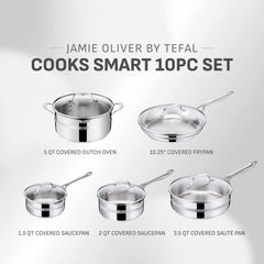 10.25 inch frypan, 5 quart dutch oven, 1.5 and 2 quart saucepan, 3.5 quart sauté pan with lids