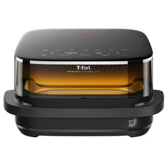 Infrared Surface XXL Air Fryer by T-fal, sleek black countertop appliance with a transparent front window glowing warm orange during cooking.