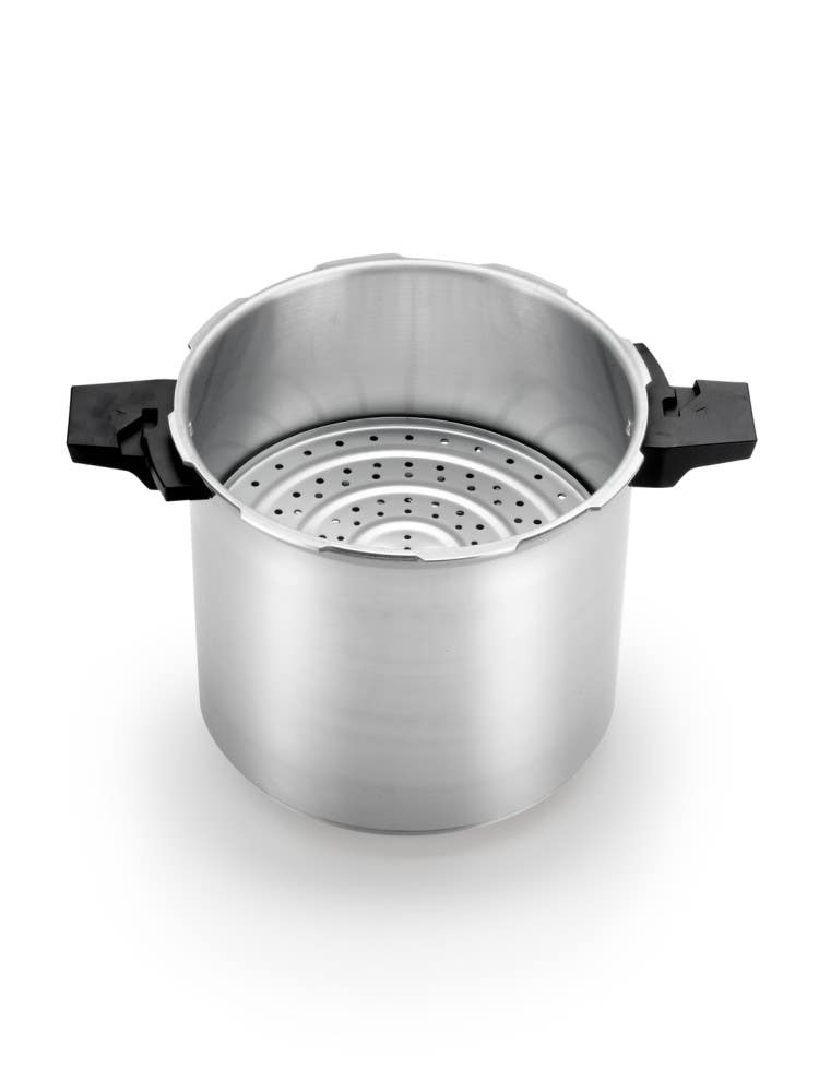 Large, stainless steel pressure ccanner with black handles and an internal perforated canning rack.