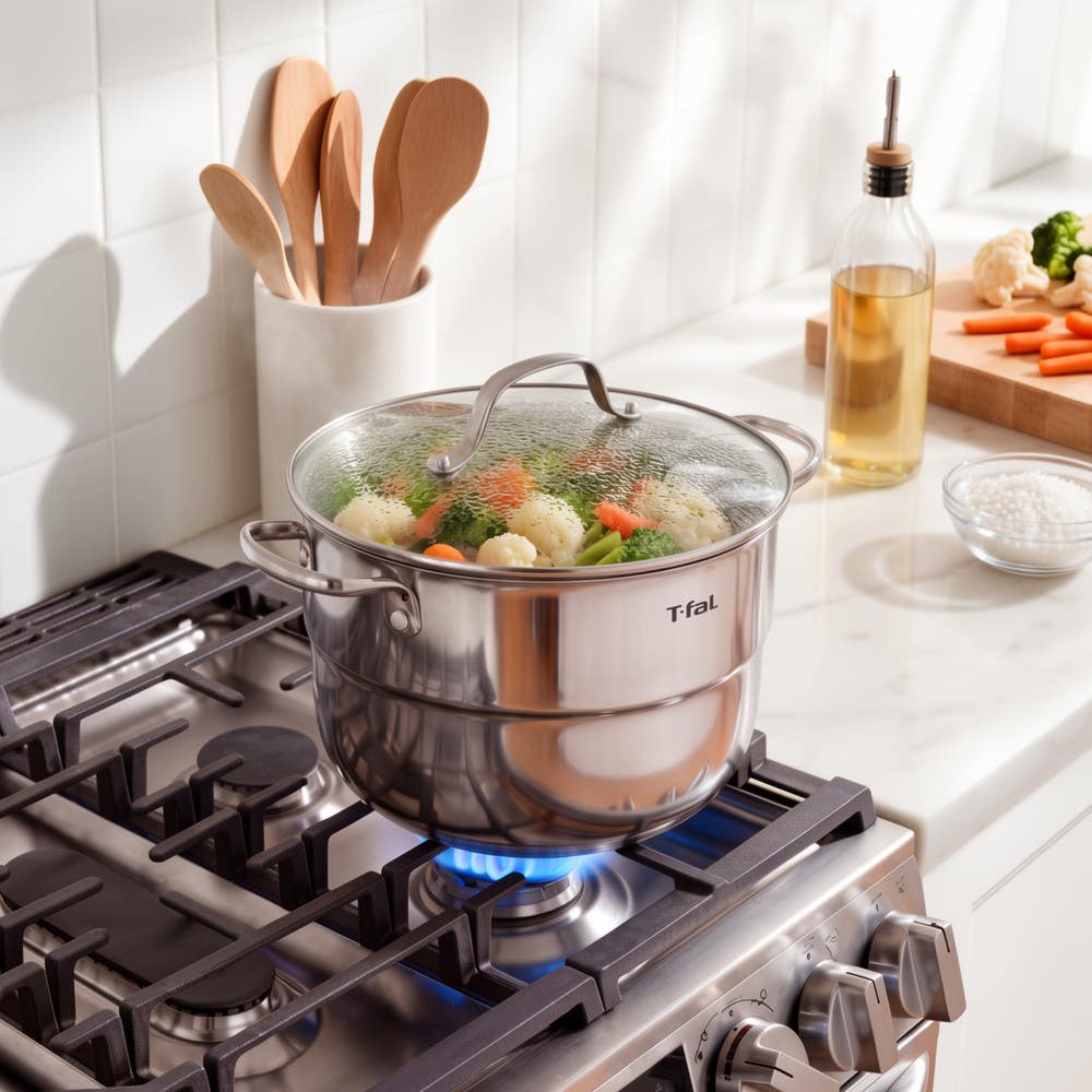 Stainless steel steamer pot with vegetables cooking on a lit gas stove