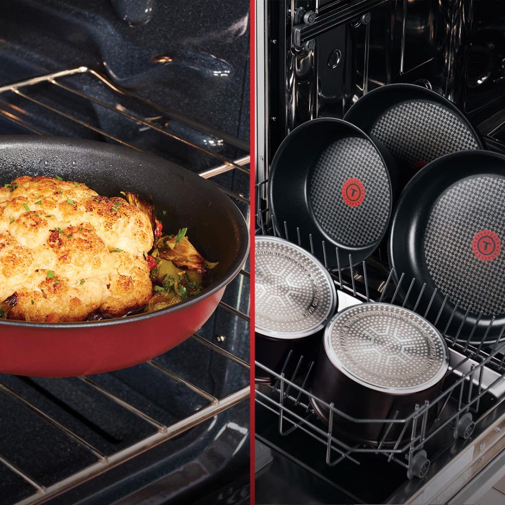Left: red pan with baked dish in oven; Right: black interior cookware drying in dishwasher