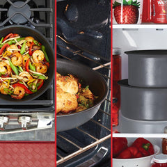 three images: grey frypan with shrimp, baking dish in oven, stacked grey pots in fridge