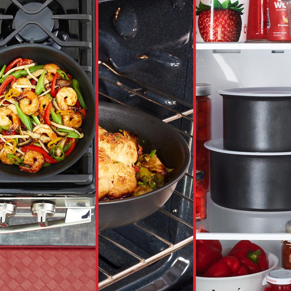 three images: black frypan with shrimp, baking dish in oven, stacked black pots in fridge