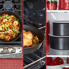 three images: black frypan with shrimp, baking dish in oven, stacked black pots in fridge