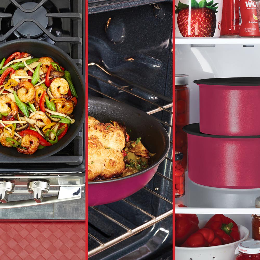 three images: pink frypan with shrimp, baking dish in oven, stacked pink pots in fridge