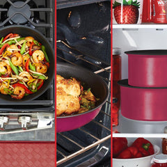 three images: pink frypan with shrimp, baking dish in oven, stacked pink pots in fridge