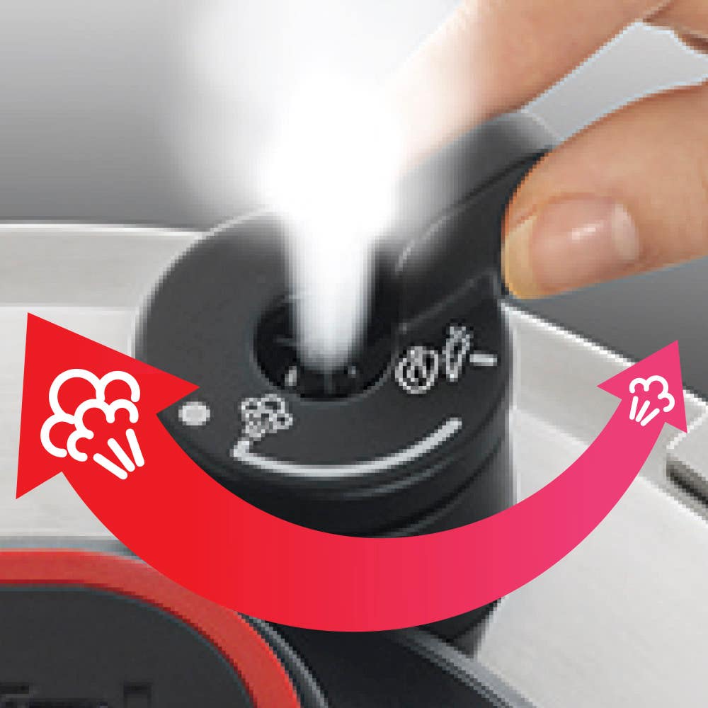A finger adjusts the steam release valve on a pressure cooker, with steam coming out and red arrows indicating direction.