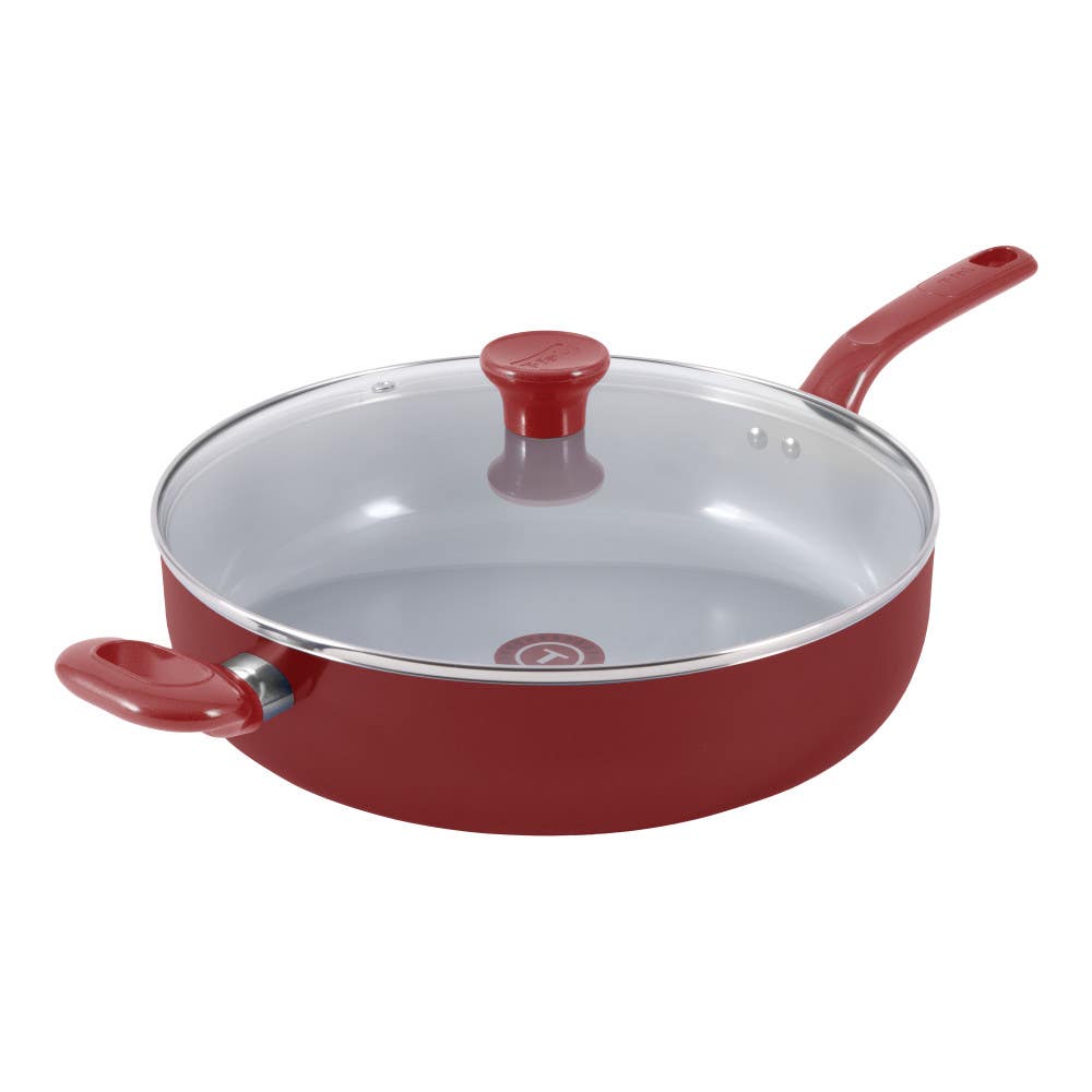 T-fal red 5 quart jumbo cooker with glass lid and helper handle on white background