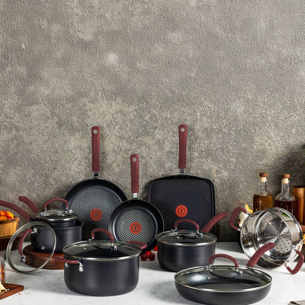 Ultimate Hard Anodized Non-Stick Cookware, 12 Piece Pots and Pans Set, Red Handles