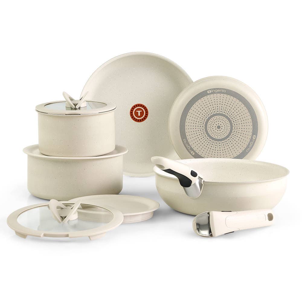 T-fal Ingenio Essentials NonStick, 11 Piece Cookware Set, Non-Induction base, Grey Granite