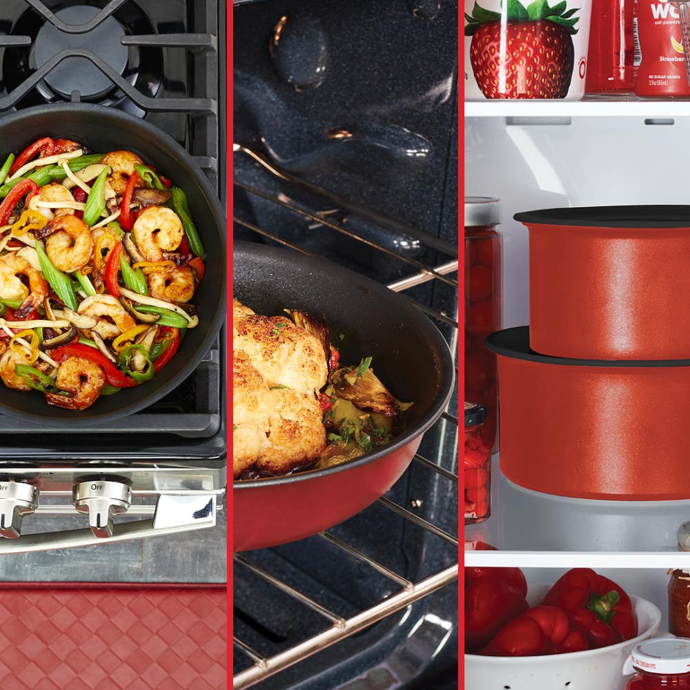 three images: red frypan with shrimp, baking dish in oven, stacked red pots in fridge