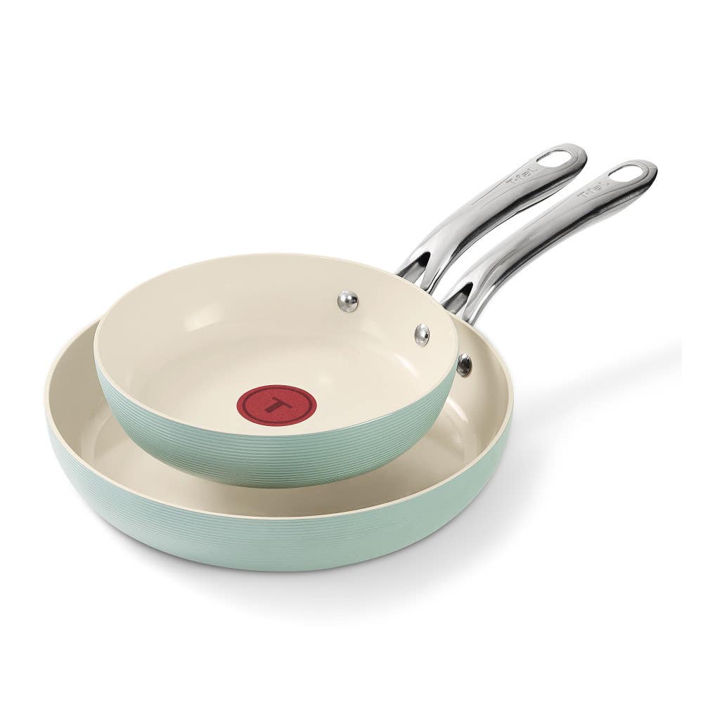 T-fal Ceramic Inspire, 8 inch and 10 inch Frypans with stainless steel handles, Mint Green color