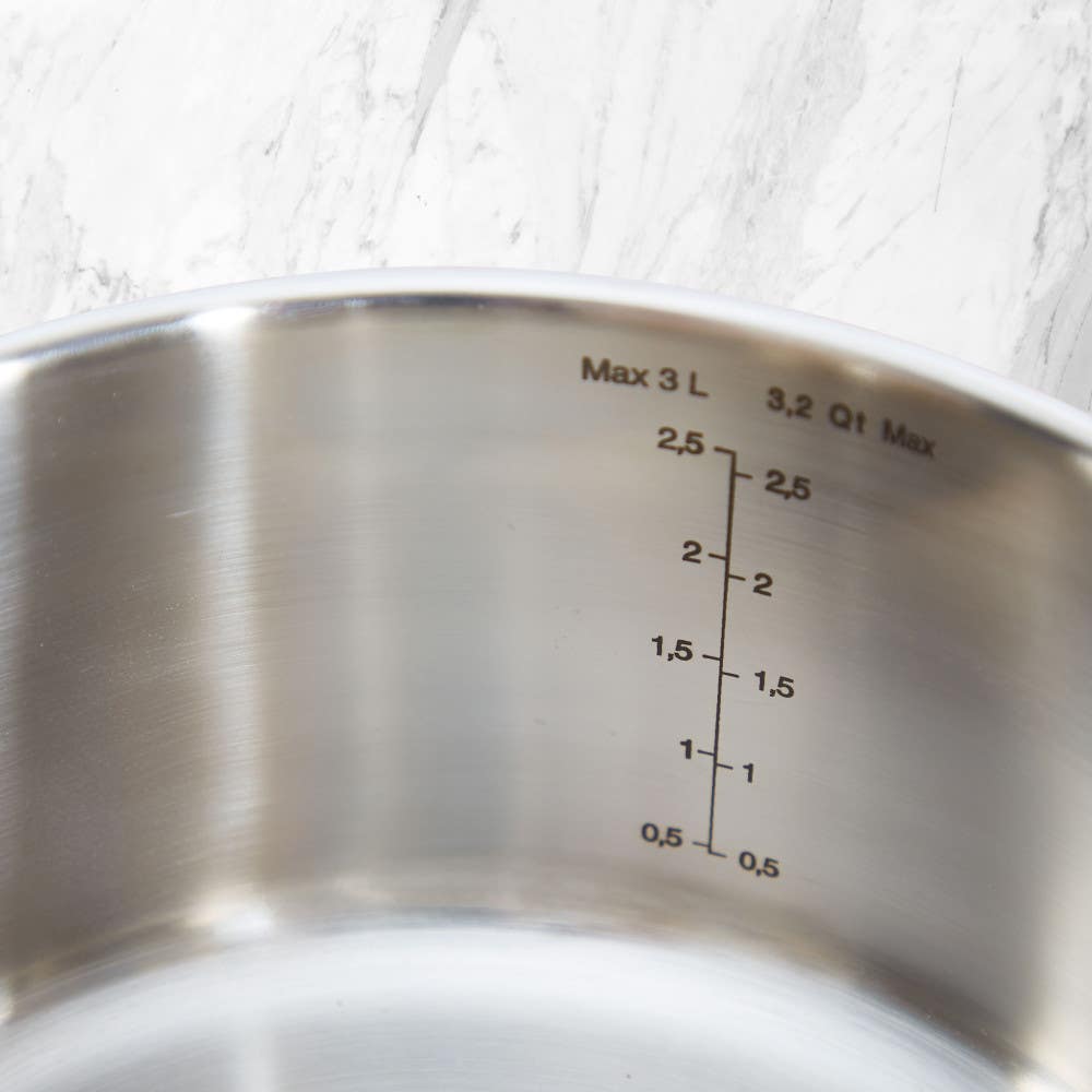 Inside view of a stainless steel pot showing liter and quart measurement markings.