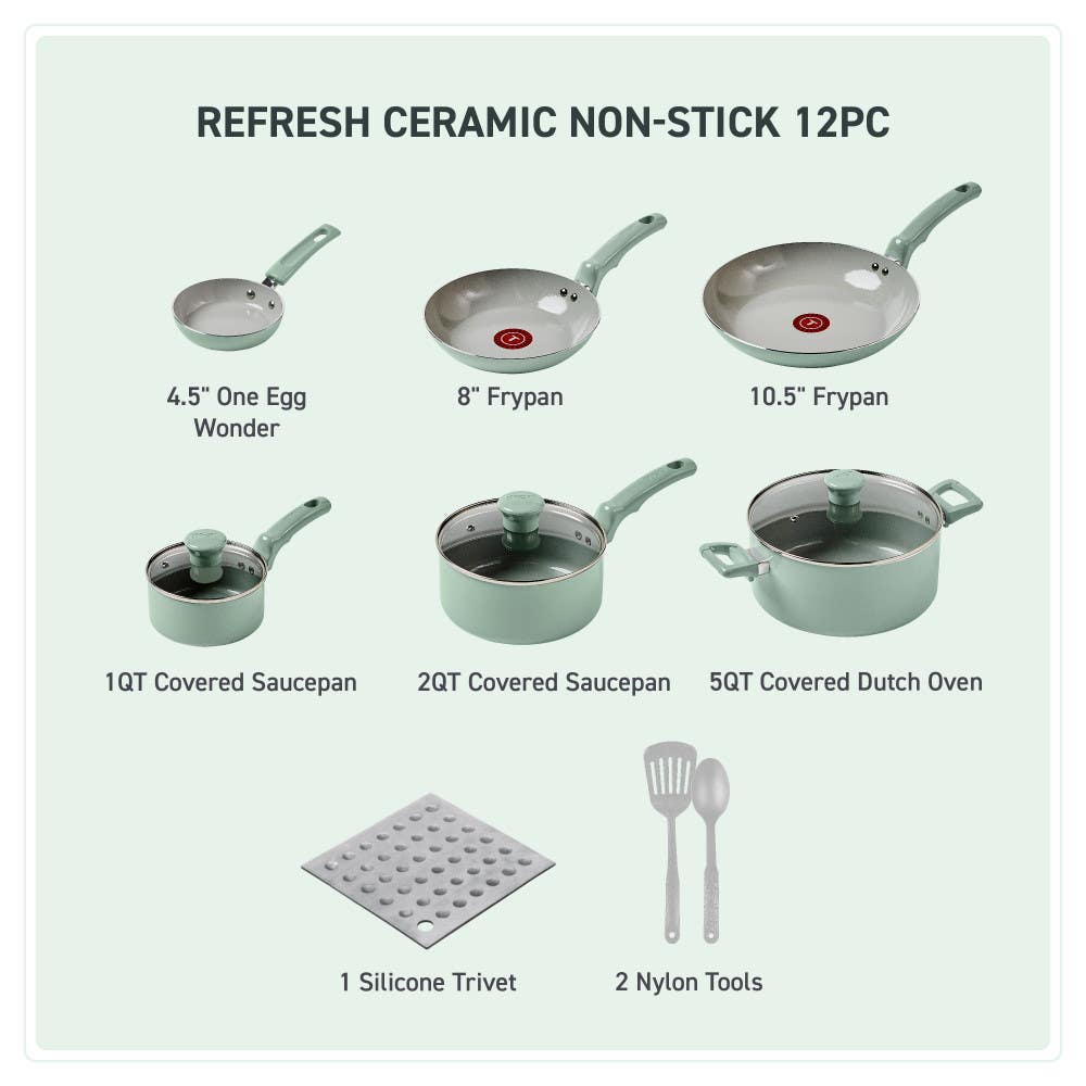 Refresh Ceramic Non-Stick 12 piece set. 4.5 inch one egg wonder, 8 inch and 10.5 inch frypans, 1 quart and 2 quart saucepan, 5 quart dutch oven, 1 silicone trivet and 2 nylon tools
