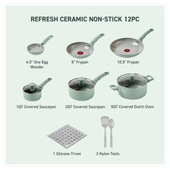 Refresh Ceramic Non-Stick 12 piece set. 4.5 inch one egg wonder, 8 inch and 10.5 inch frypans, 1 quart and 2 quart saucepan, 5 quart dutch oven, 1 silicone trivet and 2 nylon tools