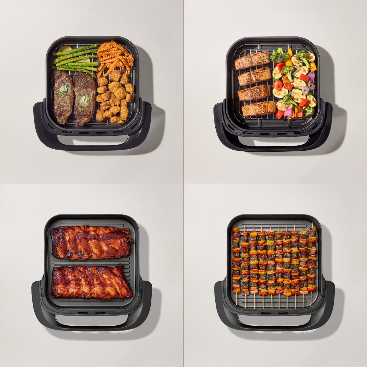 T-fal air fryer cooking four different meals: steak with vegetables, salmon with grilled vegetables, BBQ ribs, and vegetable skewers