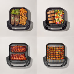 T-fal air fryer cooking four different meals: steak with vegetables, salmon with grilled vegetables, BBQ ribs, and vegetable skewers