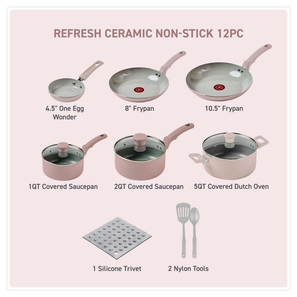 egg pan, 2 frypans, griddle, 2 saucepans, a dutch oven, a silicon trivet, 2 nylon tools