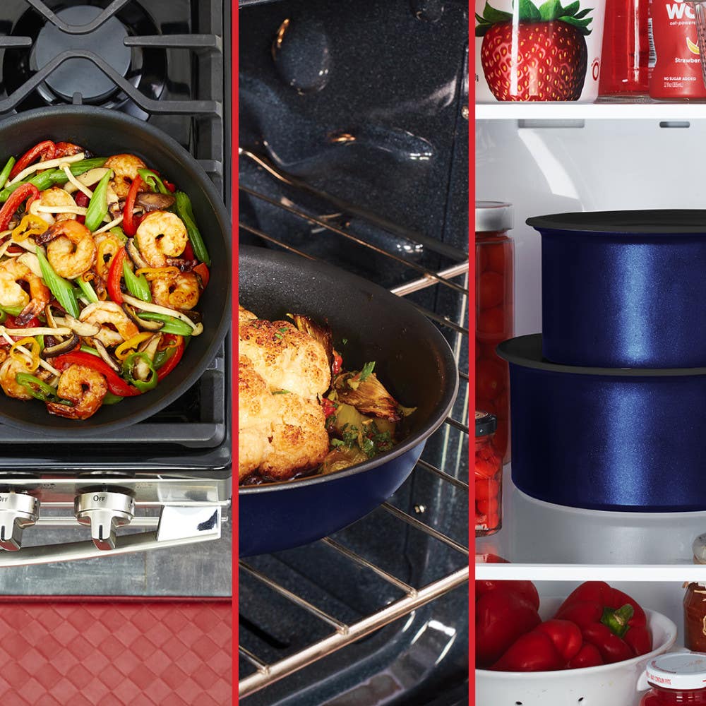 three images: blue frypan with shrimp, baking dish in oven, stacked blue pots in fridge