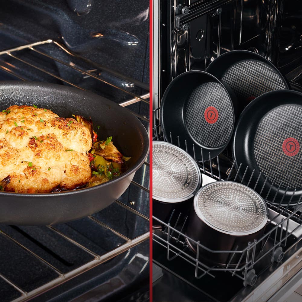 Left: Black pan with baked dish in oven; Right: Black cookware drying in dishwasher