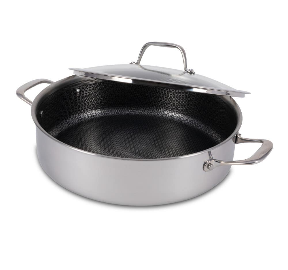 HybridMesh Stainless Steel 6 Quart Shallow Pan With Lid, with non-stick interior