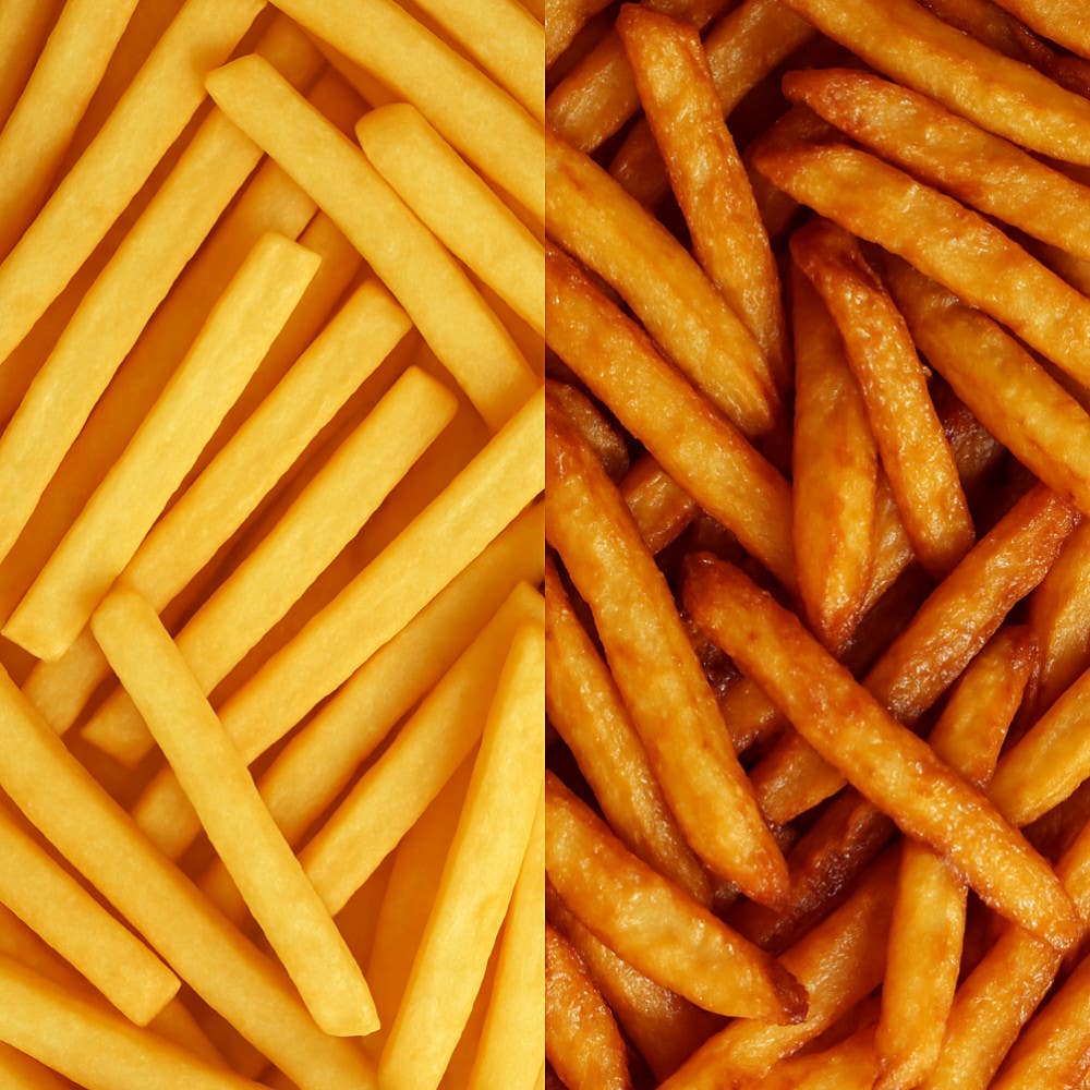 Frozen fries on the left contrast with golden, crispy fries on the right, highlighting the transformation from frozen to crunchy perfection in minutes, delicious results.