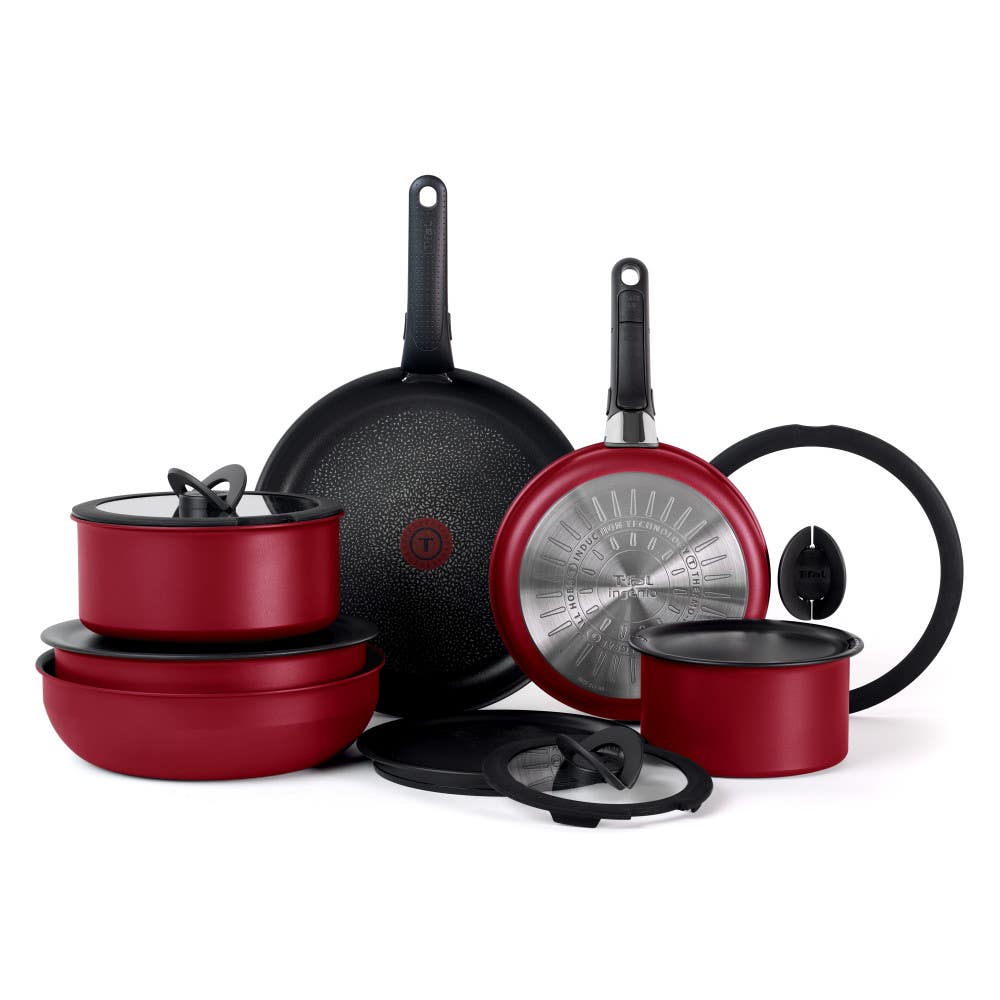 Ingenio Expertise Non-Stick 14 Piece Detachable Handle Cookware Set, Cherry Red