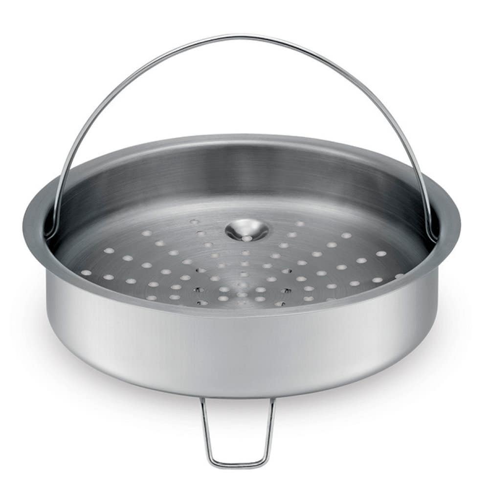 Included accessory: a stainless steel steamer basket with a handle and perforated bottom for steaming food.