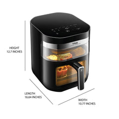 A modern black rectangular air fryer with clear window. Dimensions: 12.7 inches high, 16.64 inches deep, and 10.77 inches wide.