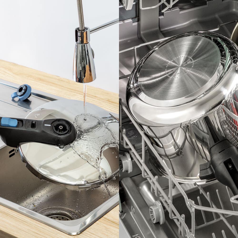 Two images: pressure cooker lid handwashed in sink, body placed in dishwasher rack