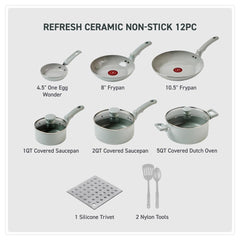 egg pan, 2 frypans, griddle, 2 saucepans, a dutch oven, a silicon trivet, 2 nylon tools