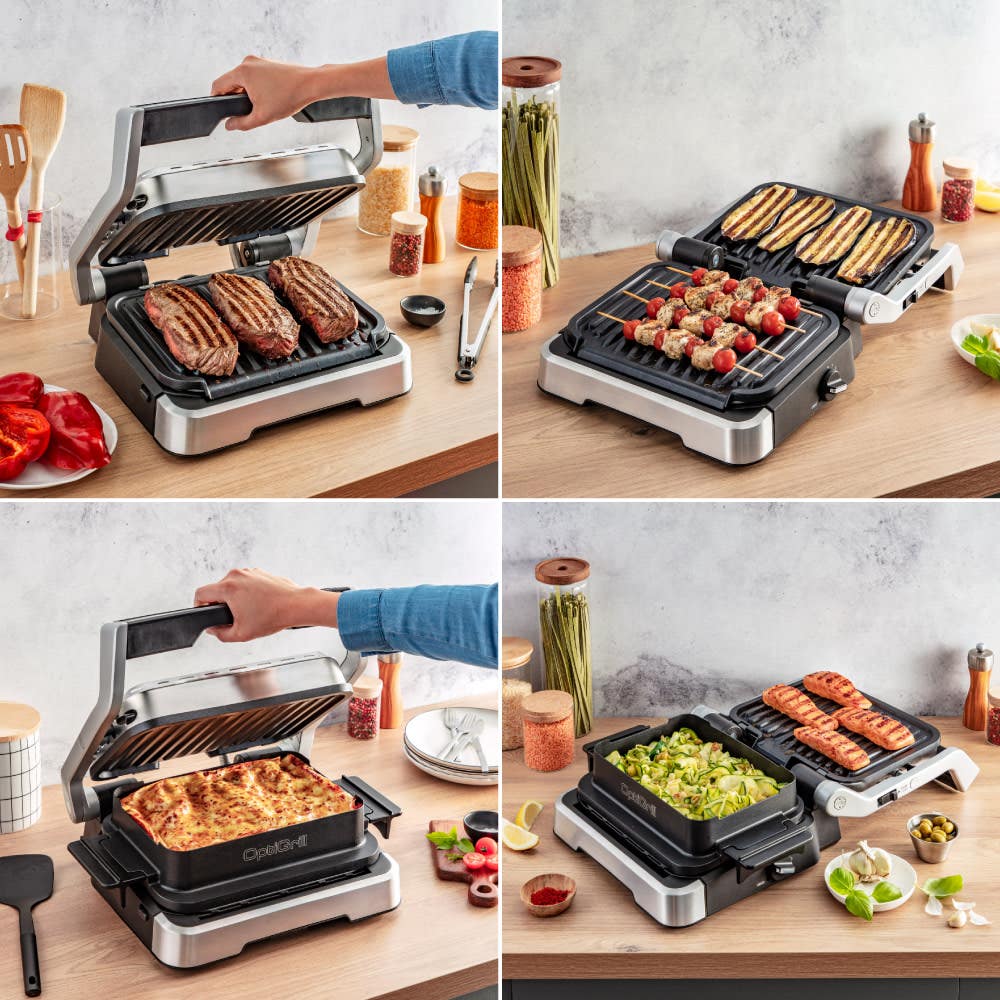 four different images showcasing diffrent foods and ways of using the OptiGrill