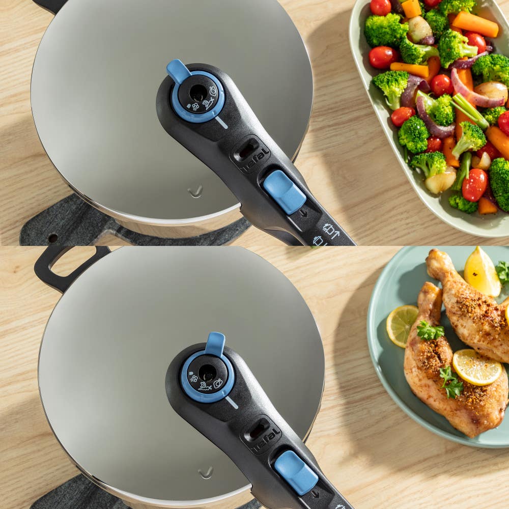 Two images: pressure cooker beside sautéed veggies in one, roasted chicken in the other
