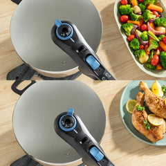 Two images: pressure cooker beside sautéed veggies in one, roasted chicken in the other